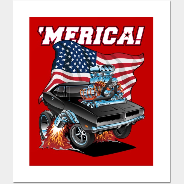 Merica Patriotic Classic Hot Rod Muscle Car USA Flag Cartoon Wall Art by hobrath